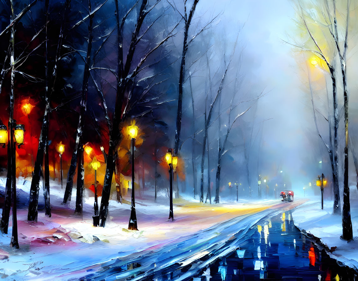 Vibrant impressionistic painting of misty winter evening street scene