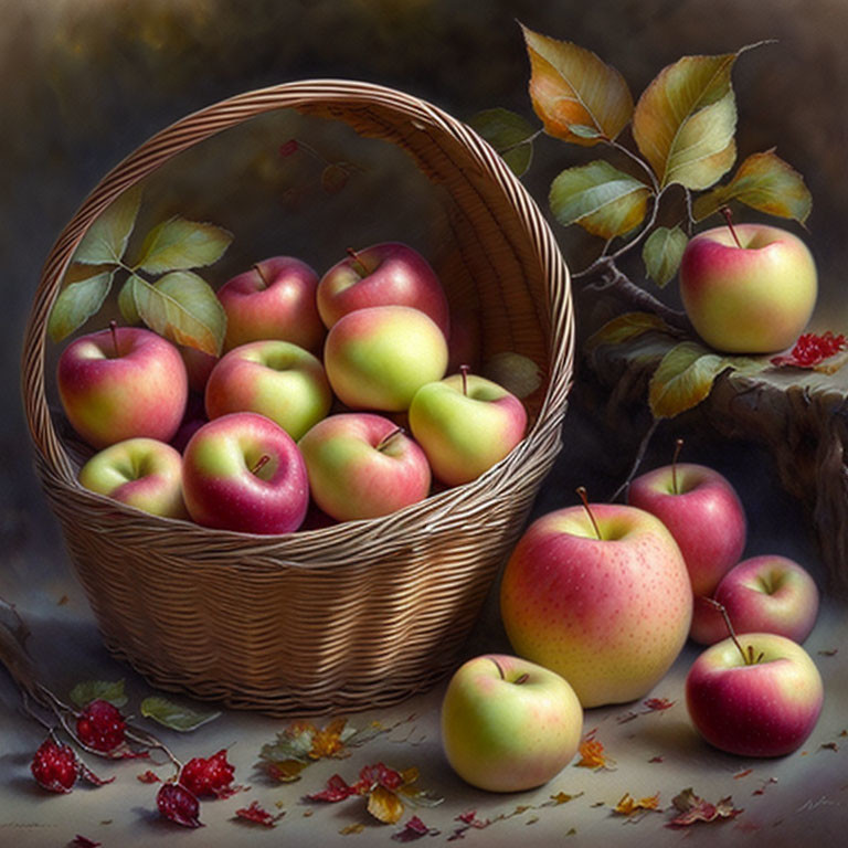 Realistic painting of ripe apples in woven basket with leaves and berries