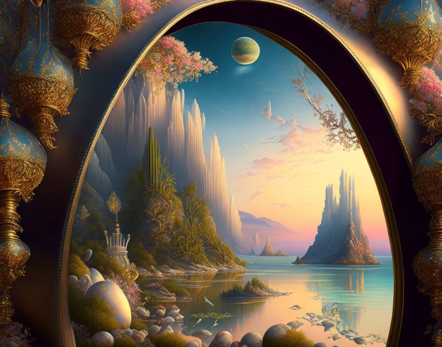 Ornate archway frames fantastical landscape with cliffs, lake, vegetation & distant planet