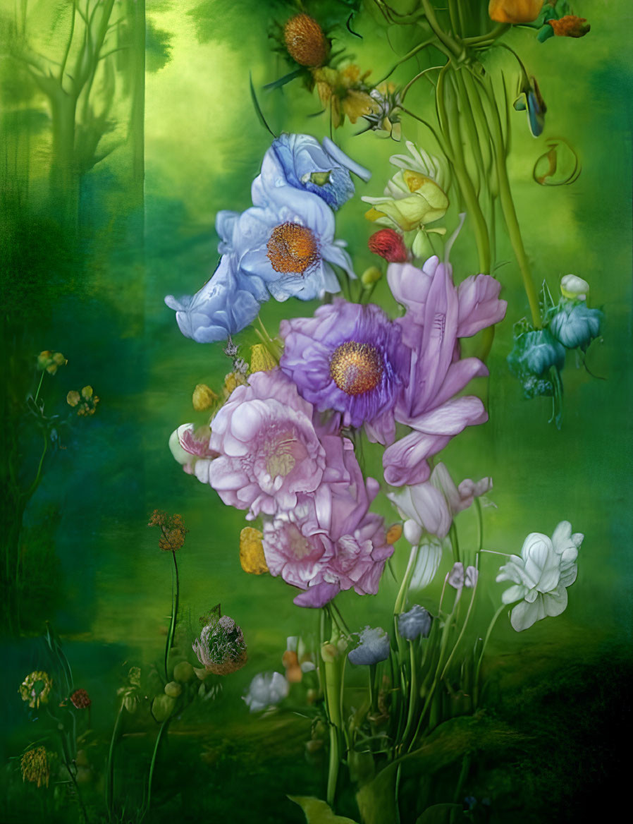 Assorted Purple, Blue, and White Flowers on Soft Green Background