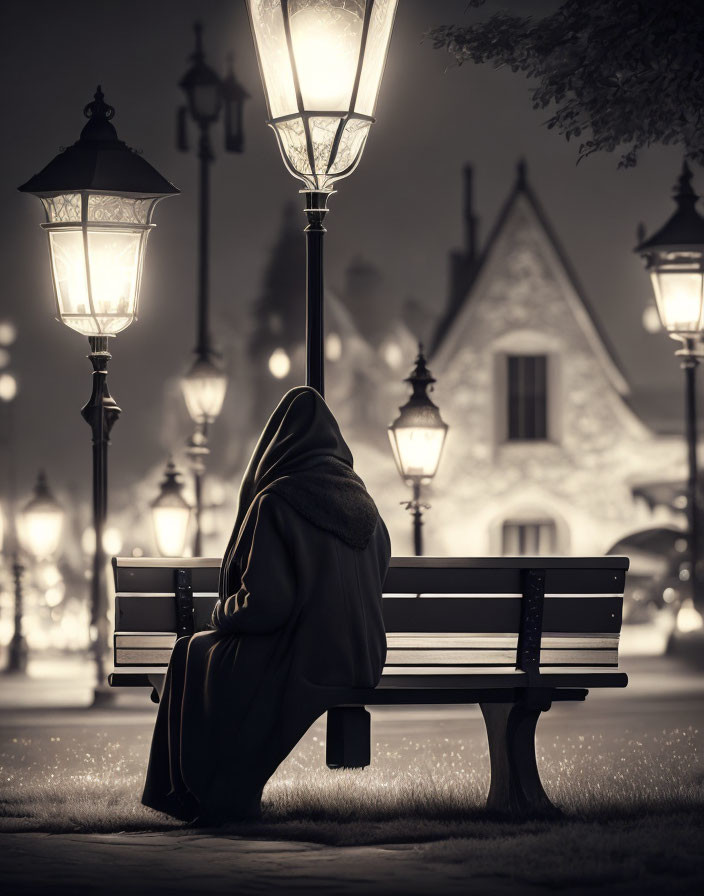 Hooded figure on park bench at night under elegant street lamps