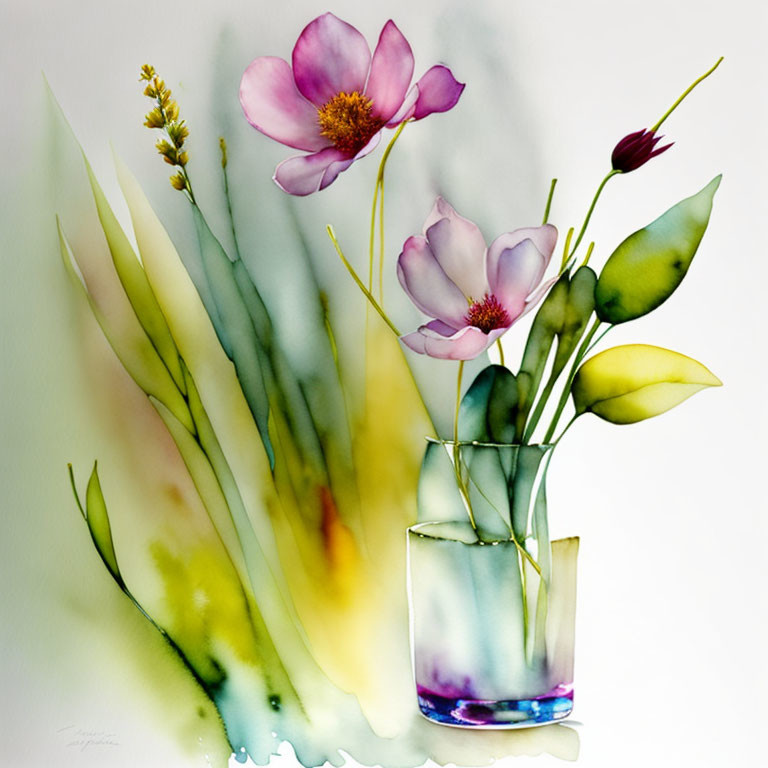 Delicate flowers in transparent vase with soft green, yellow, and purple blend