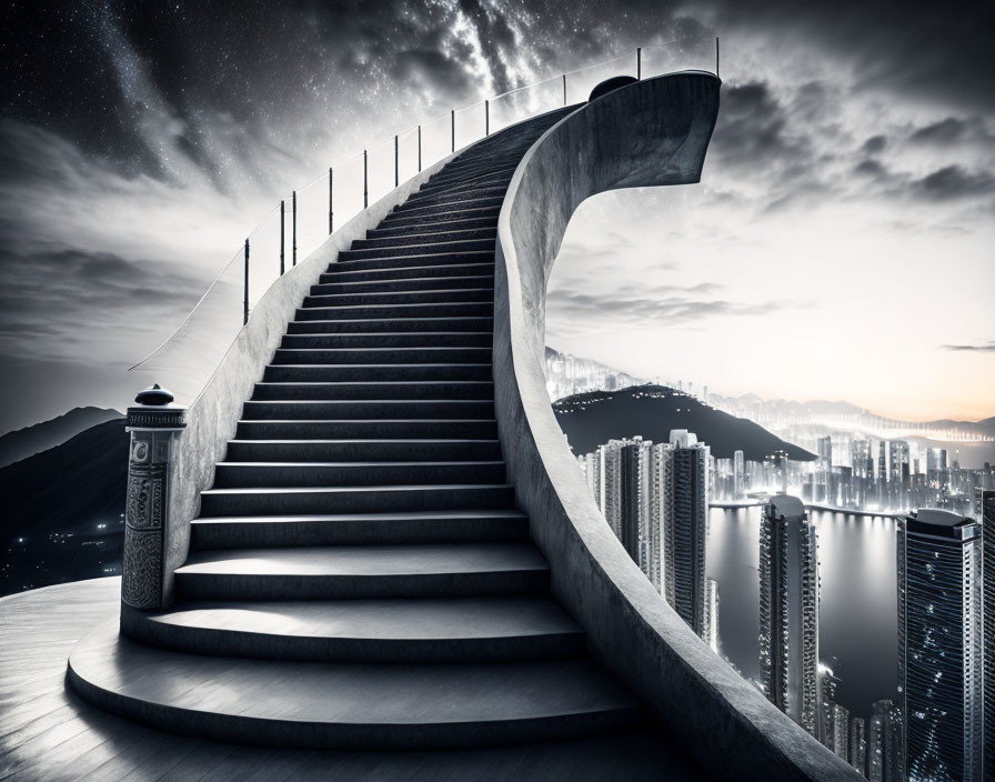 Monochrome image of curved staircase under starry sky and cityscape.