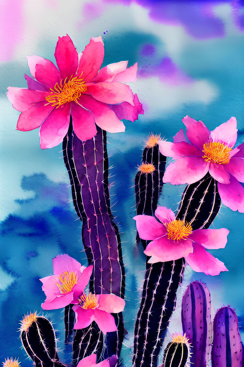 Colorful watercolor painting of blooming cacti on abstract background