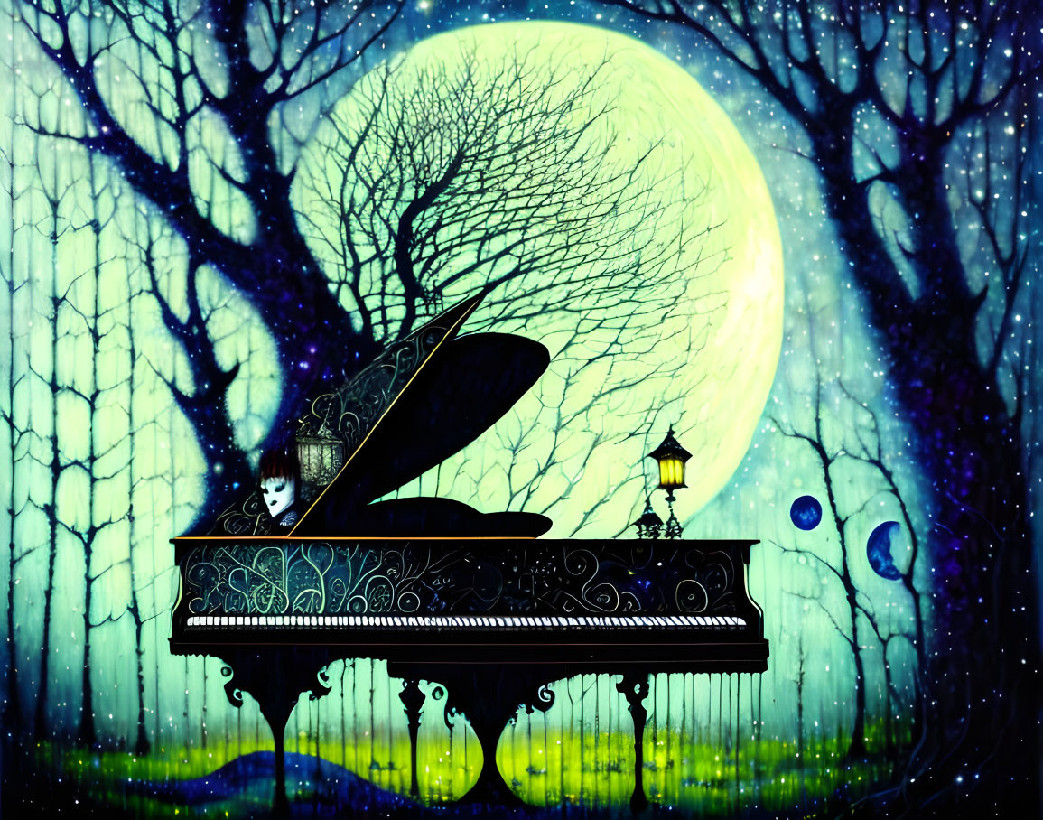 Surreal illustration of person playing grand piano under full moon