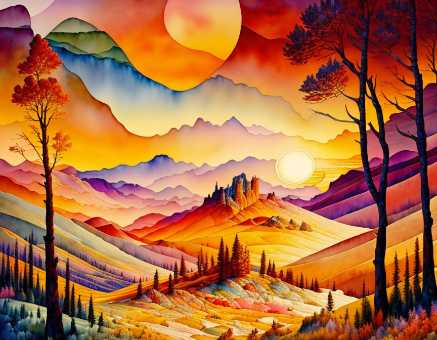 Colorful Sky and Layered Mountains in Vivid Landscape Painting