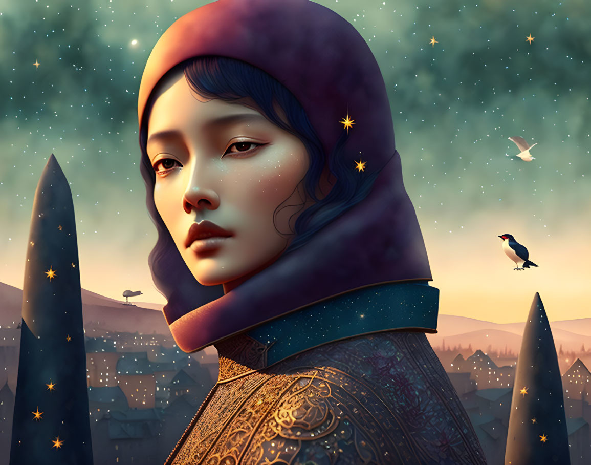 Digital illustration: Woman with starry cloak over village landscape