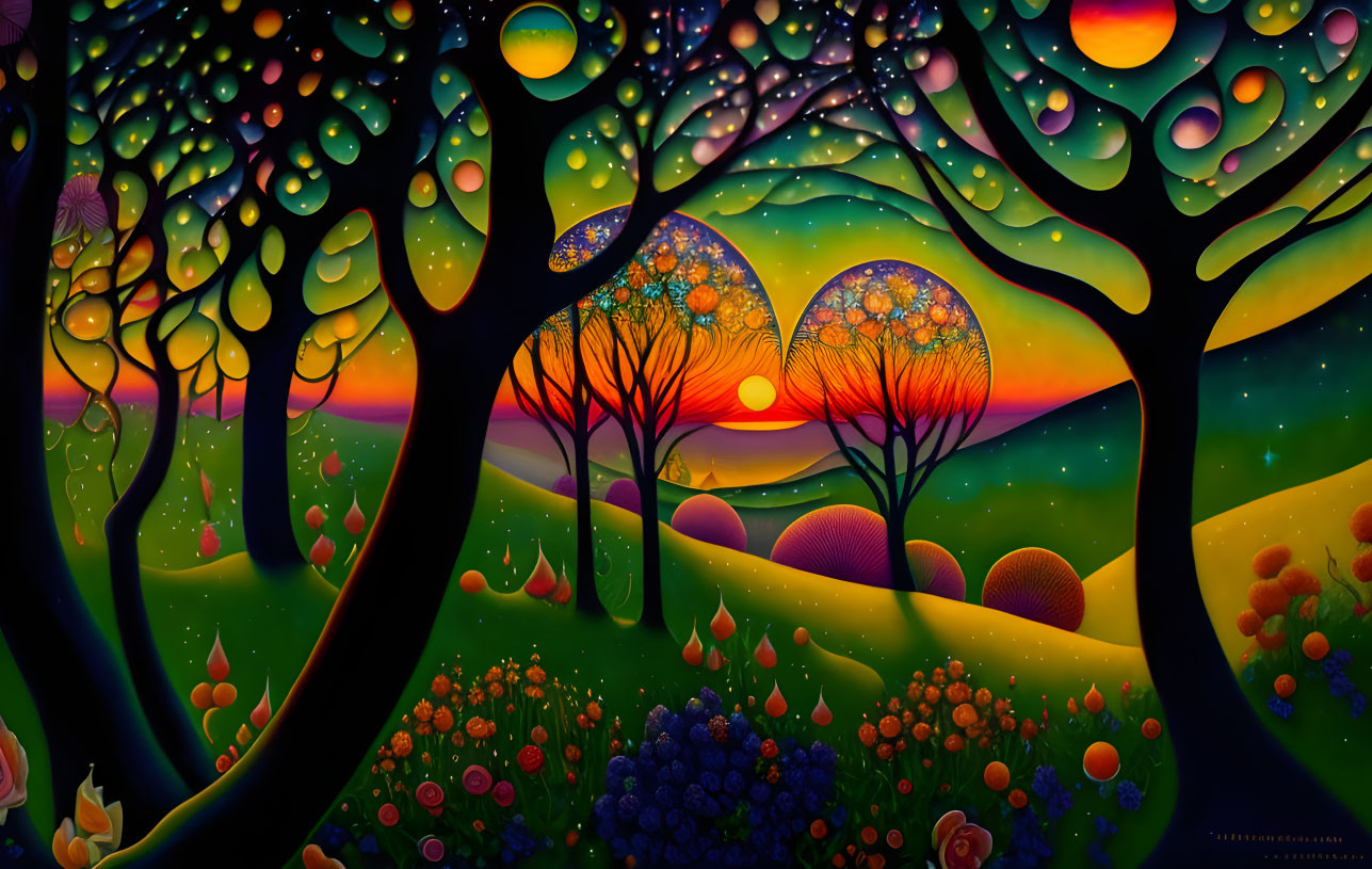 Surreal Landscape with Colorful Sunset and Floating Spheres