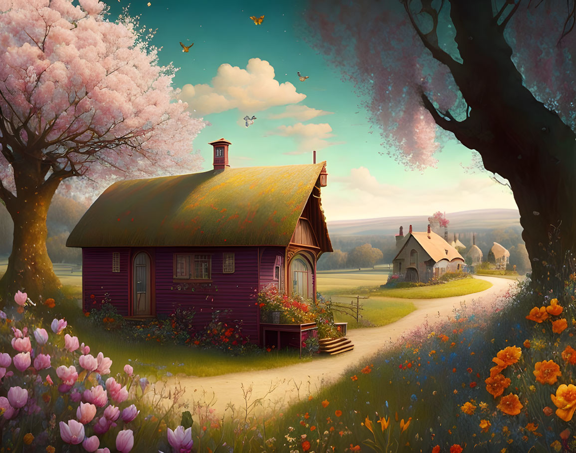 Colorful rural landscape with purple house and flowers under warm sky