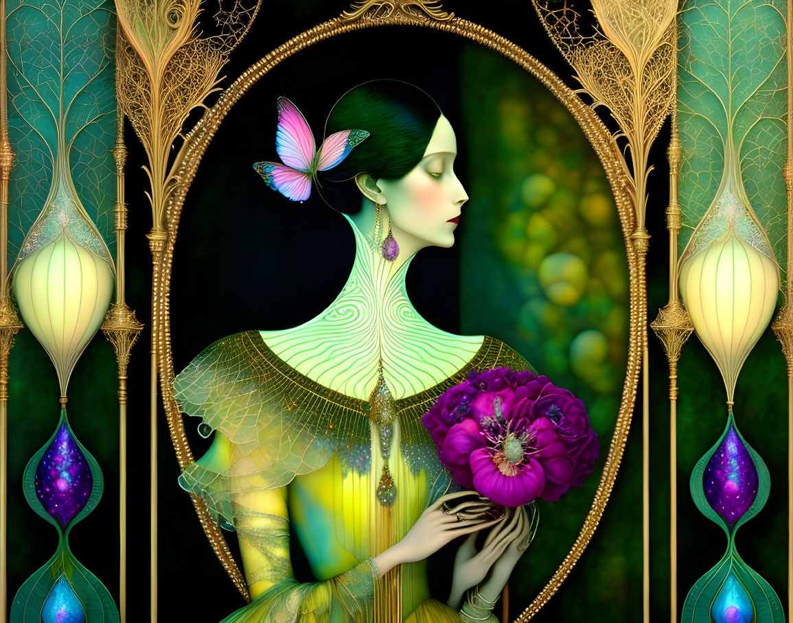 Woman with butterfly, purple flower, arches, lamps in stylized image