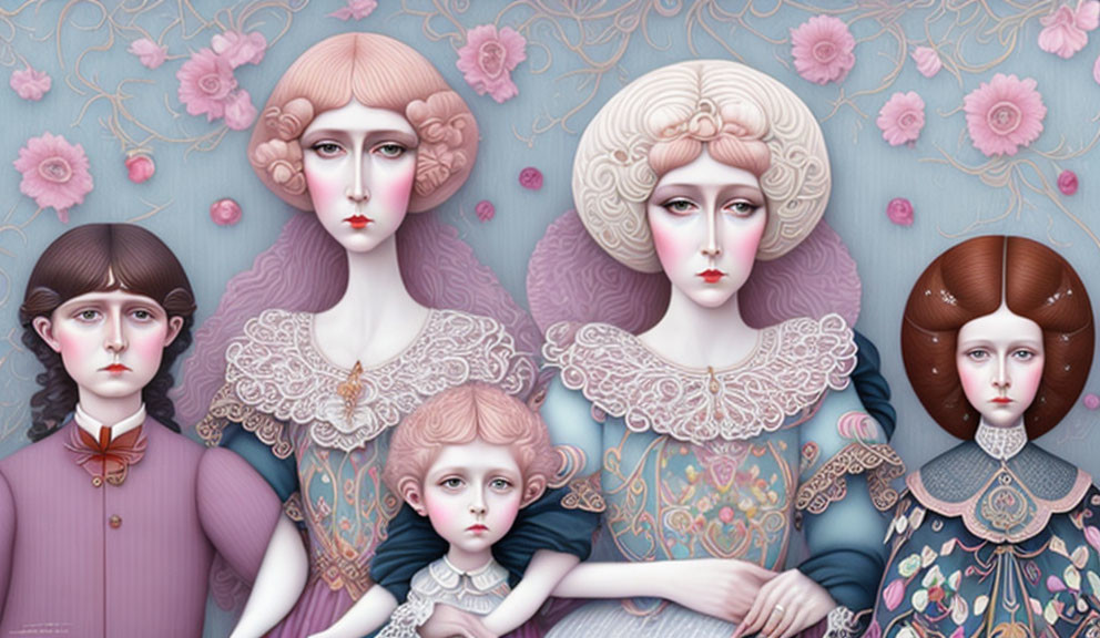 Victorian attire pale figures in pink blossoms on blue background