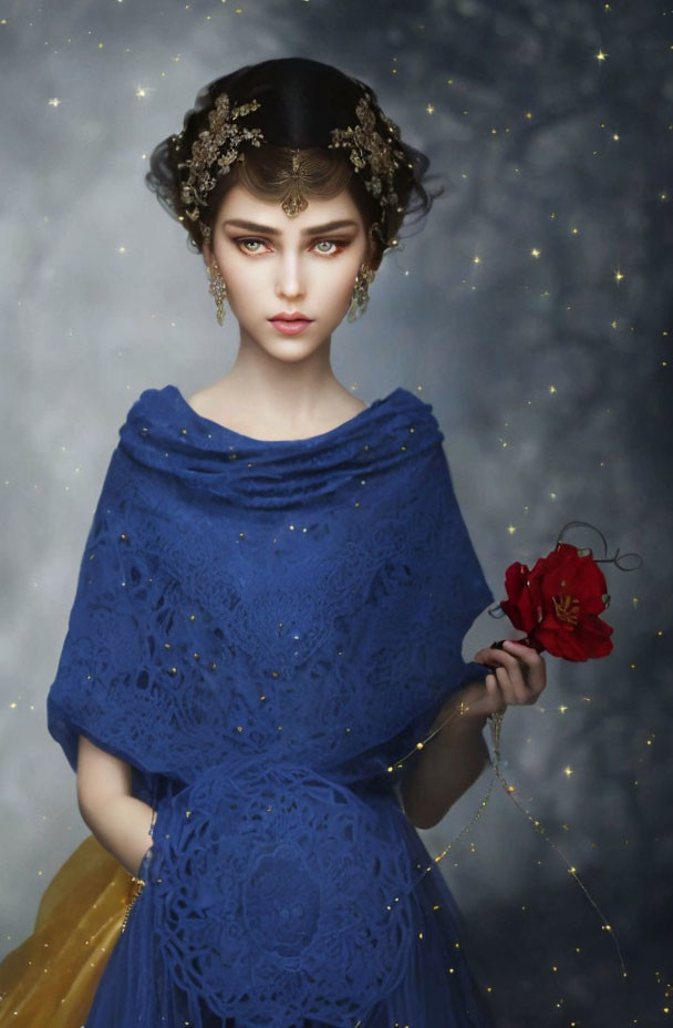 Woman with Striking Makeup and Ornate Hairpiece in Blue Lace Shawl with Red Flower on Star