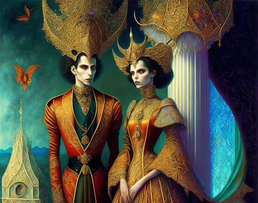 Regal couple in ornate attire with crowns against mystical backdrop