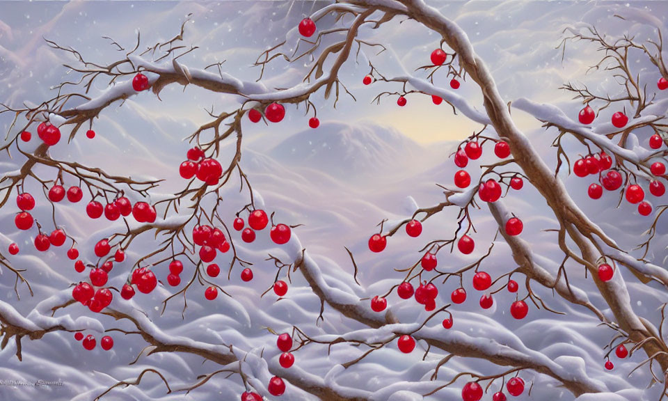 Winter sunrise scene: Snow-covered branches, red berries, pink sky, distant mountains.