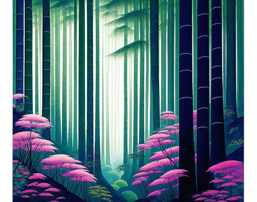 Mystical forest with tall dark trees, blue light, and pink plants