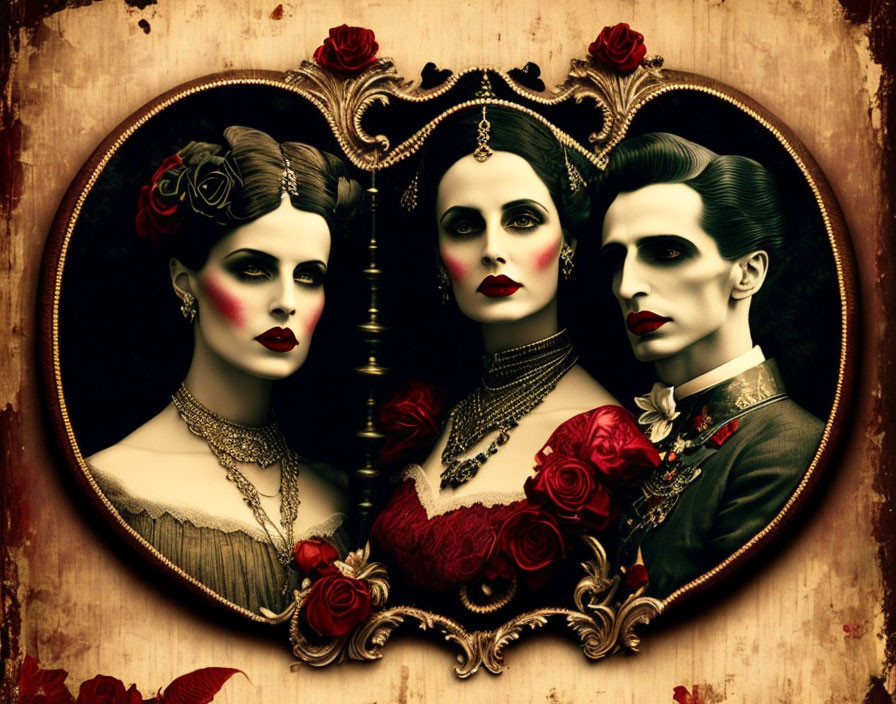 Gothic-style image featuring man and women in vintage attire.