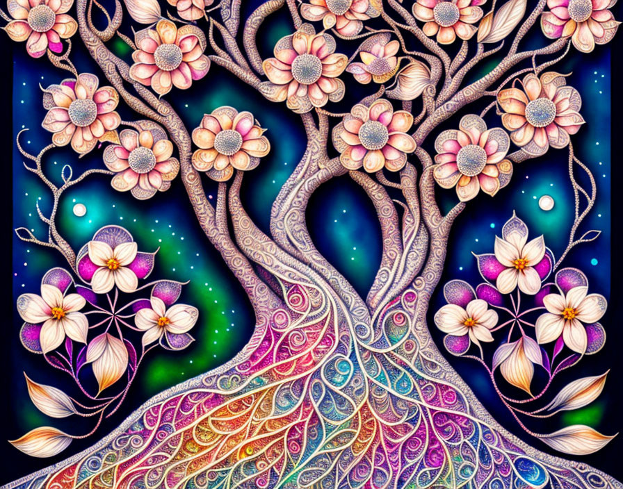 Colorful Fantasy Tree with Floral Patterns on Trunk and Starry Night Sky