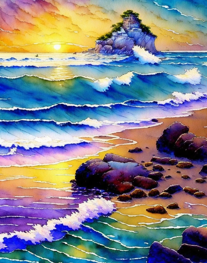 Scenic watercolor painting: seaside sunset with waves, rocky shore, small island, colorful sky