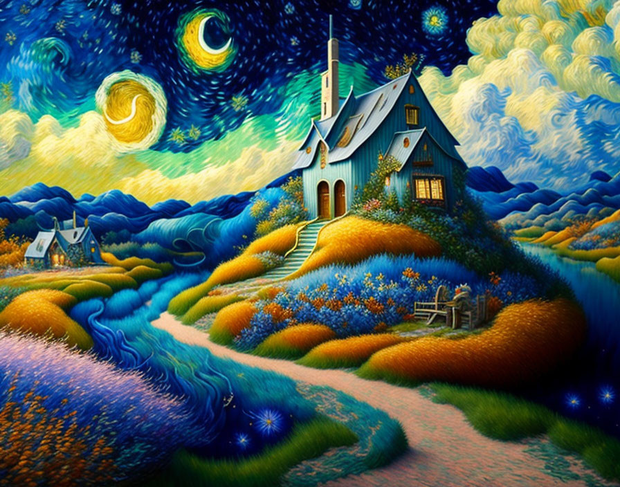 Whimsical painting of blue house on hill with swirling starry skies