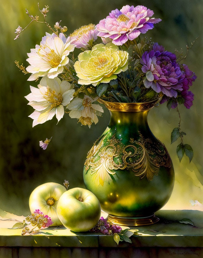 Vibrant flower arrangement with apples in green vase.