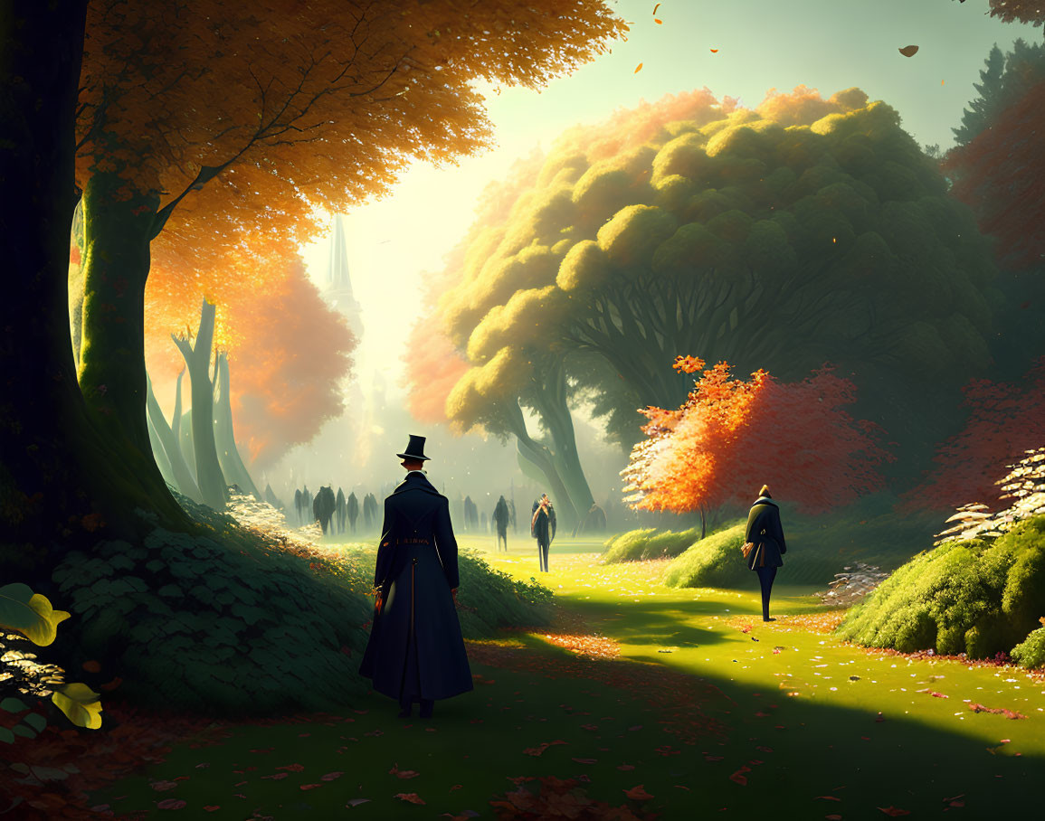 Victorian attire people stroll in luminous autumn park