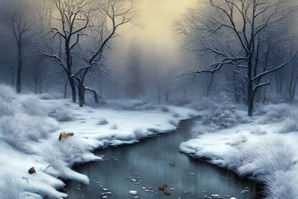 Snow-covered trees and stream in serene winter landscape