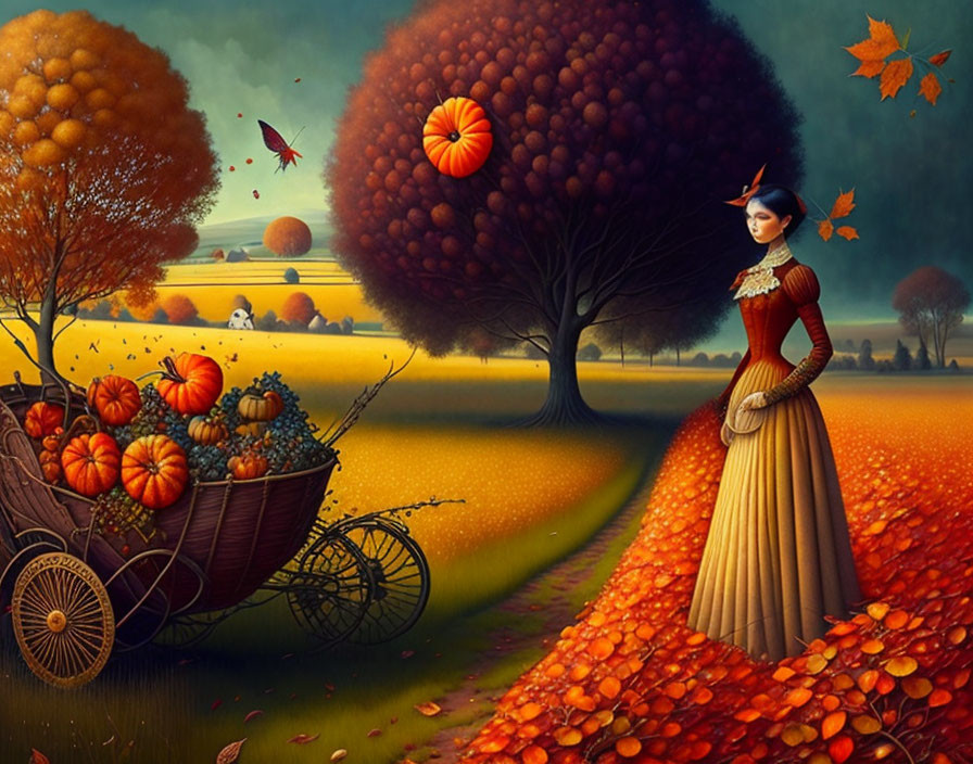 Woman in 19th-Century Attire by Cart of Pumpkins in Autumn Landscape