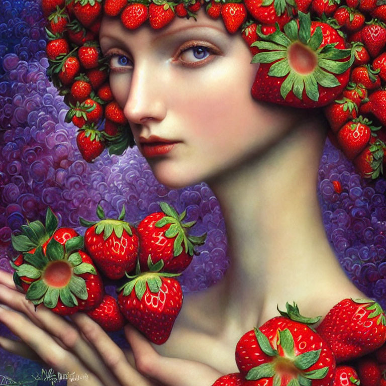 Portrait of Woman with Strawberry Crown and Berries in Purple Grape Texture Backdrop