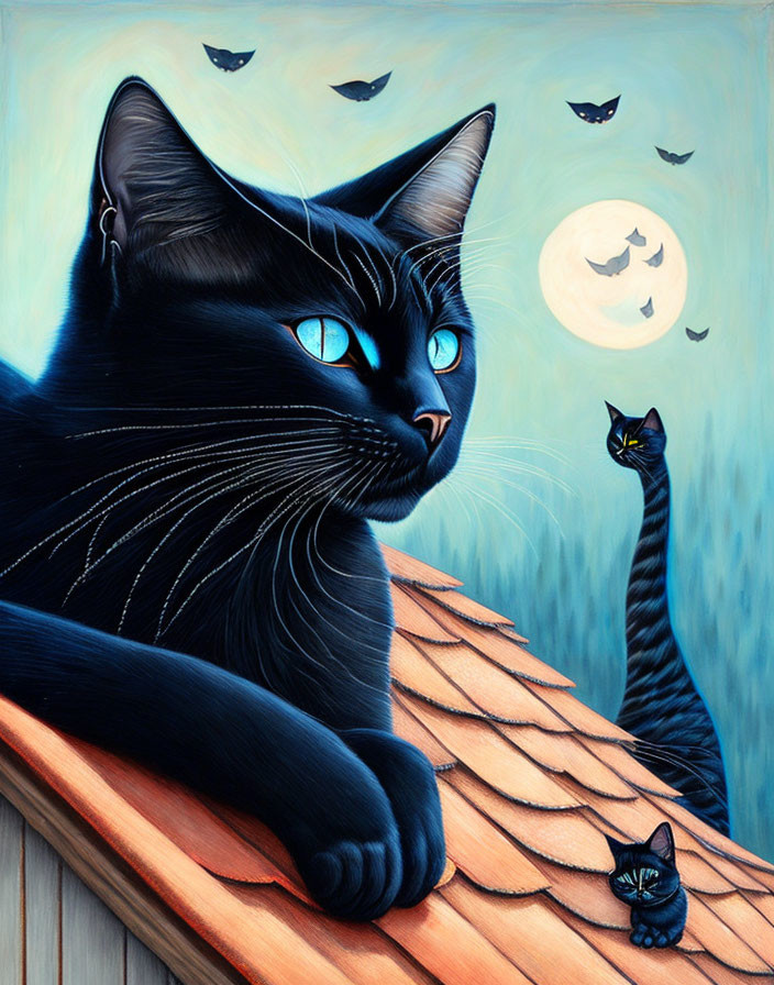 Black cat with blue eyes on moonlit roof with bats and others