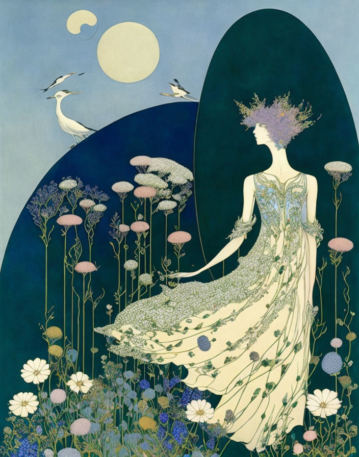 Woman in elegant gown with floral patterns, surrounded by nature and birds in Art Nouveau style.