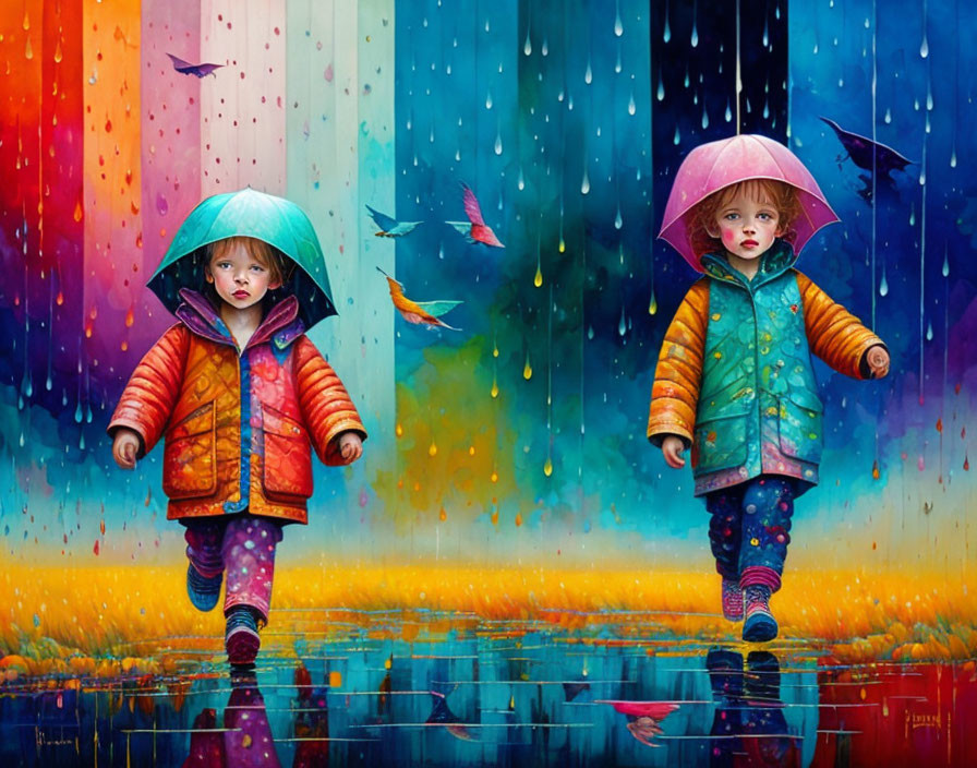 Children in colorful raincoats under surreal sky with rain and sunshine areas.