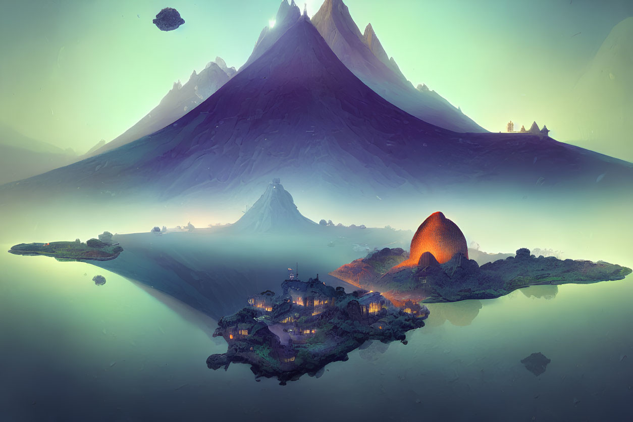 Fantastical landscape with glowing houses, orb, mountains, and reflective waters