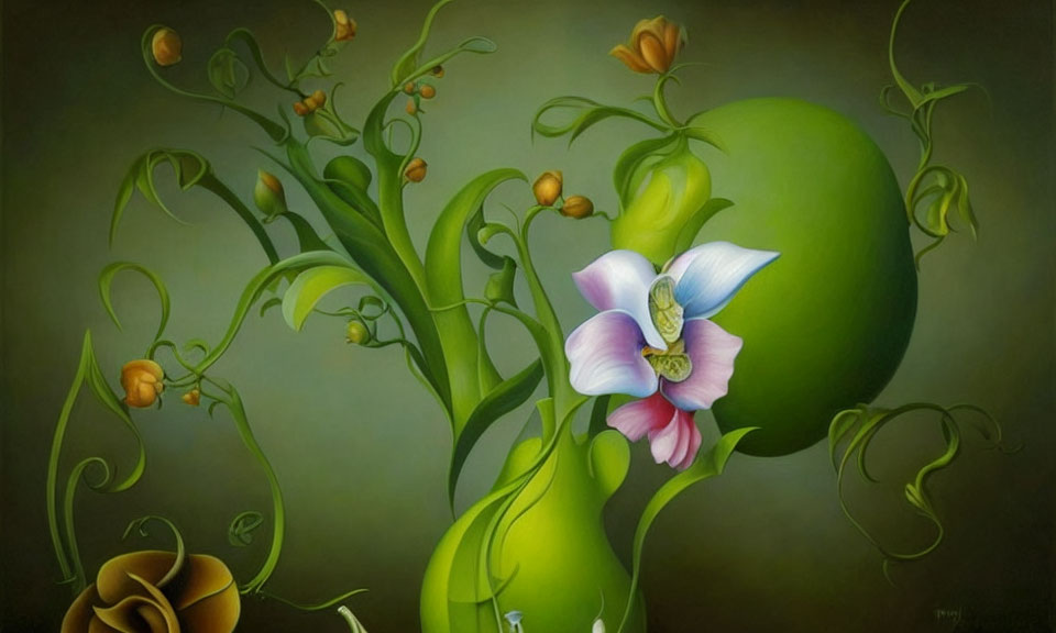 Surreal painting of green plant forms with white and pink flower in swirling tendrils