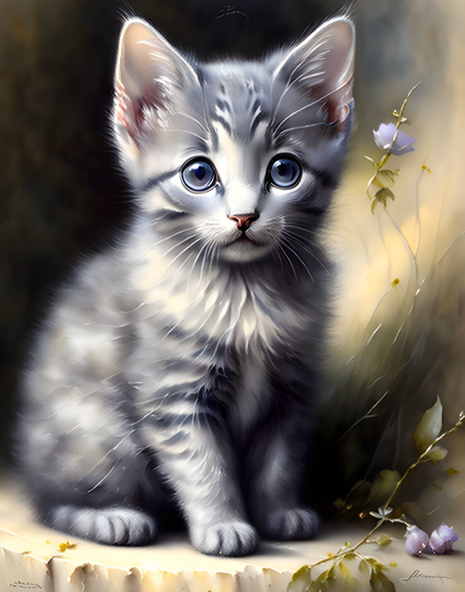 Realistic painting of a fluffy gray kitten among flowers