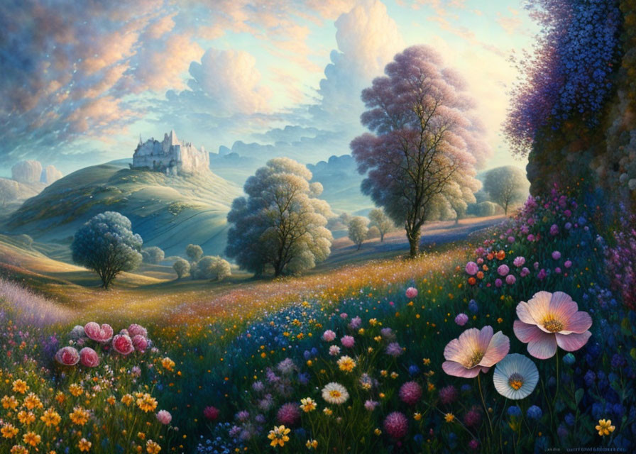 Colorful landscape painting: blooming meadow, castle on hill, sunset sky