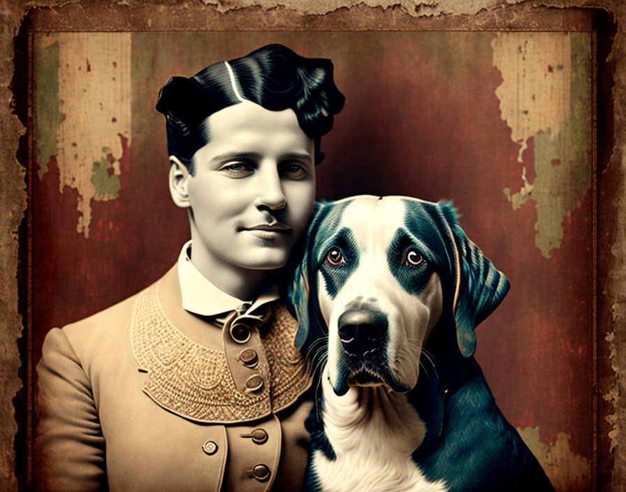 Portrait of man with slicked hair and dog against textured background