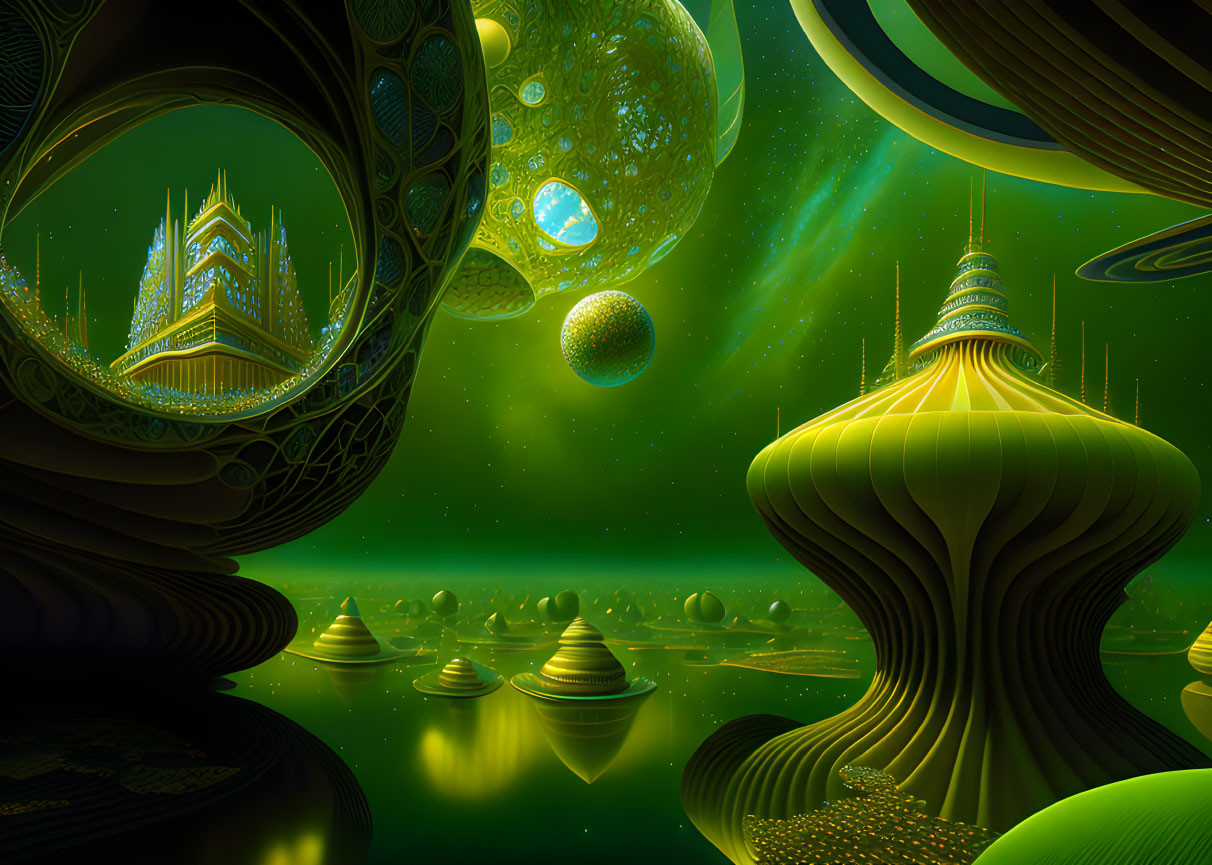 Surreal alien architecture in green and gold hues under starry sky