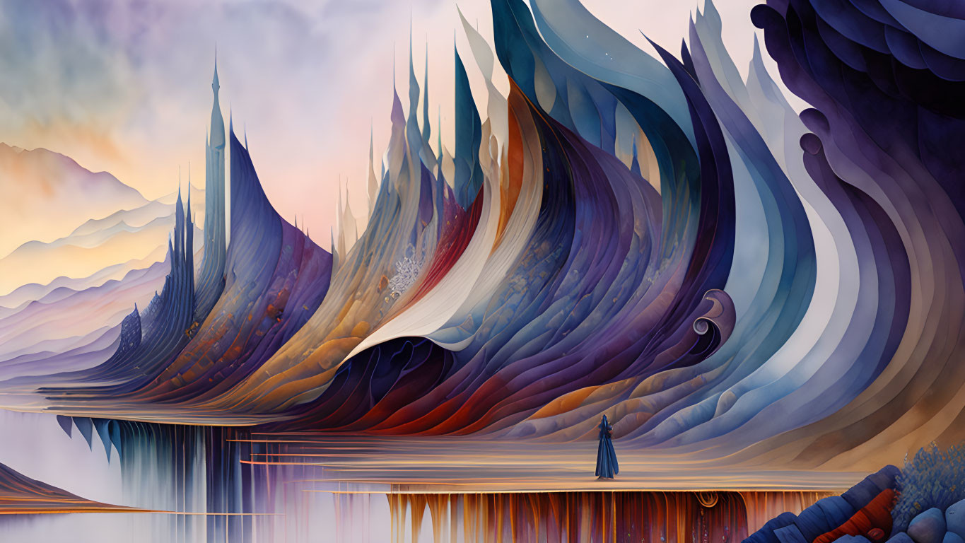 Colorful Swirling Mountainscape with Reflective Water and Lone Figure