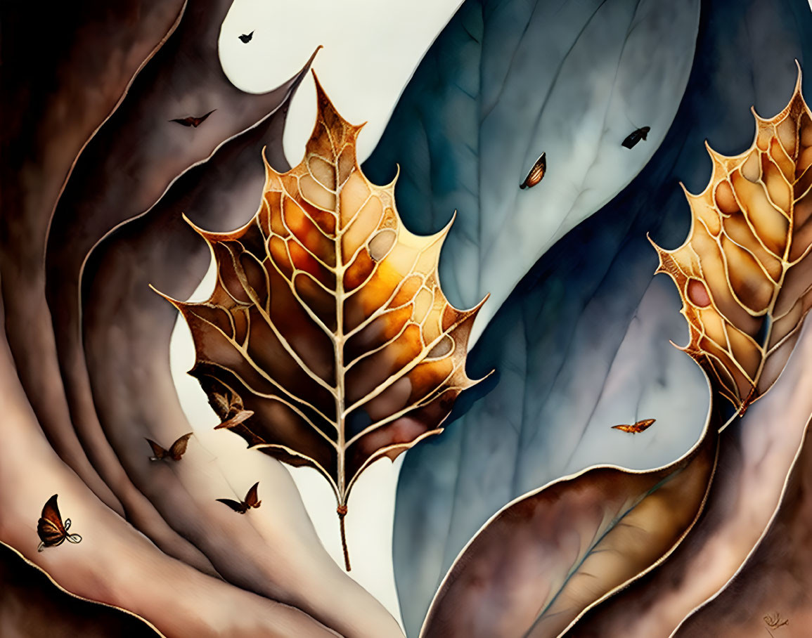 Autumn leaves and butterflies in warm colors and flowing forms