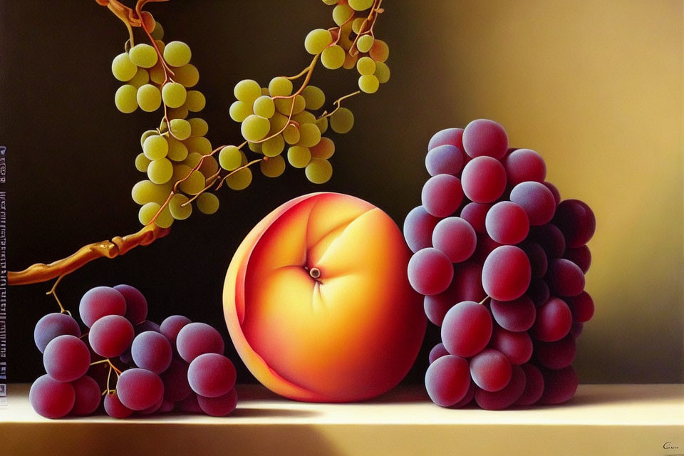 Classic Still Life Painting with Peach and Grapes on Soft Background