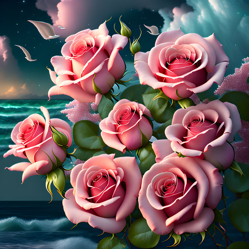 Vibrant pink roses against dark clouds, ocean waves, bird in sky