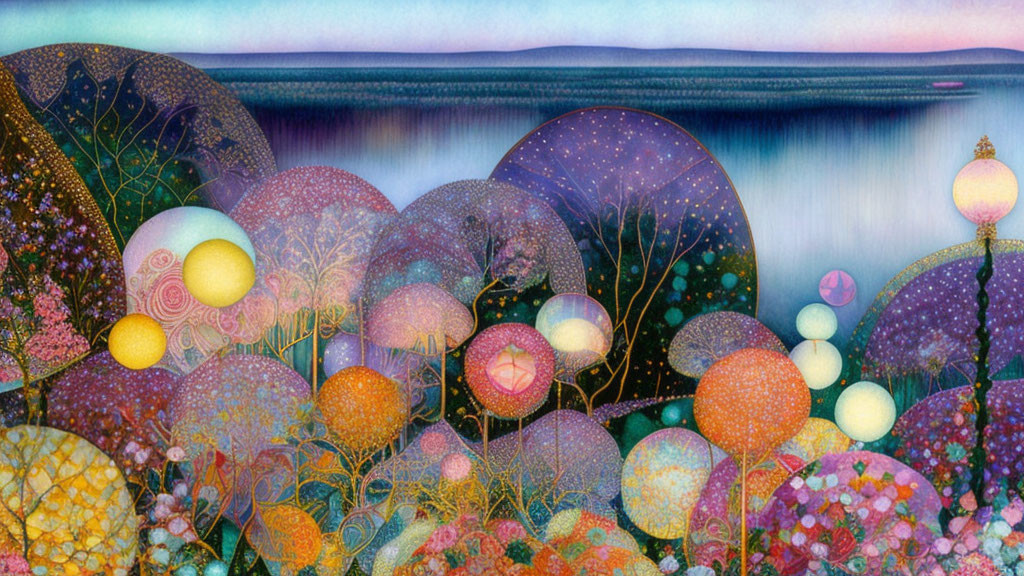 Whimsical Landscape with Stylized Trees and Spheres in Pastel Colors