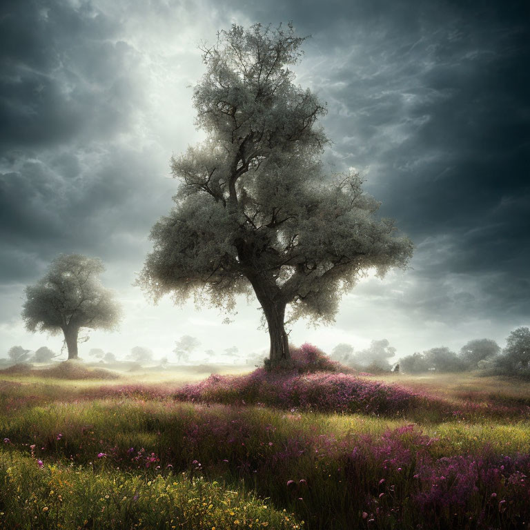 Majestic tree on hill with purple wildflowers under dramatic skies