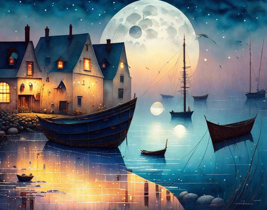 Coastal village night scene with glowing moon and boats