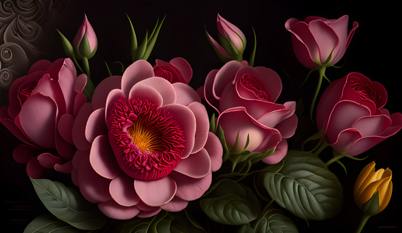 Assorted roses in various bloom stages on dark background