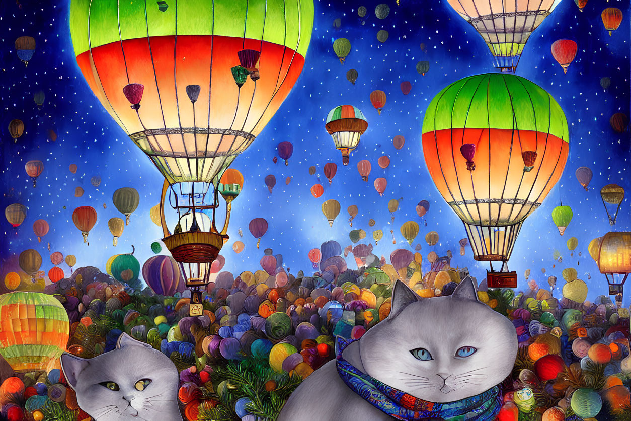 Vibrant hot air balloons with cat faces and pumpkins in night sky