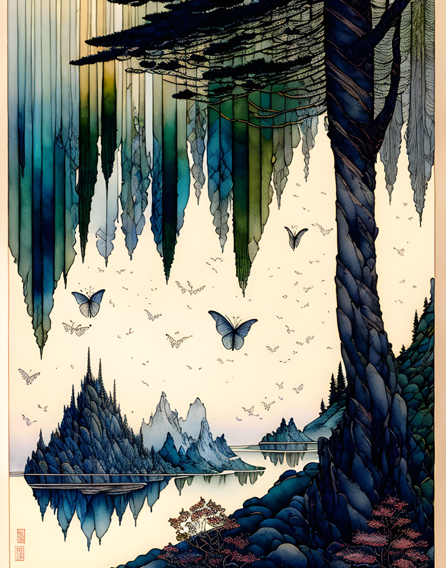 Surreal illustration of underground cave and surface landscape with butterflies, lake, pine trees, and rock