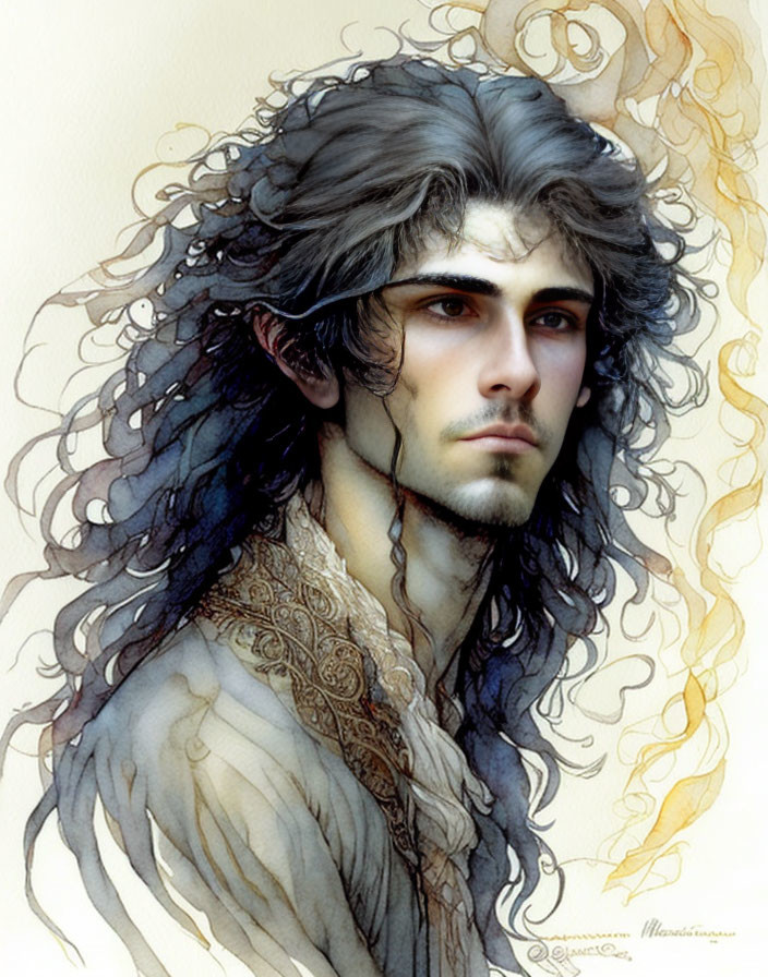 Detailed Illustration of Man with Long Wavy Hair and Intense Gaze in Ornate Clothing