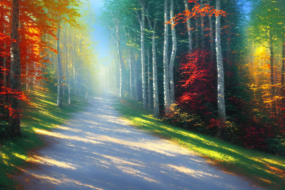 Sunlit Autumn Forest Path with Colorful Trees and Dappled Light