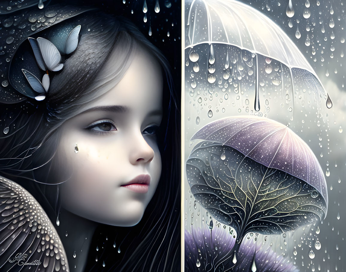 Artistic depiction of girl with butterfly wings and teardrop, leafy umbrella in rain.